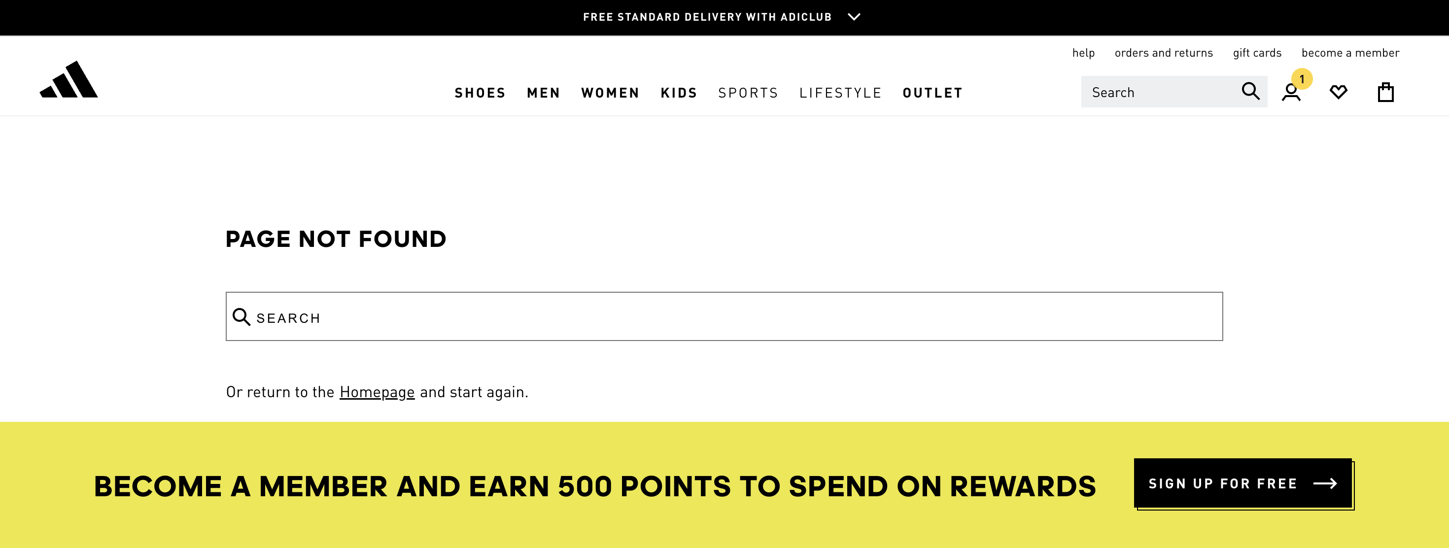 A 404 error page screenshot from Adidas.