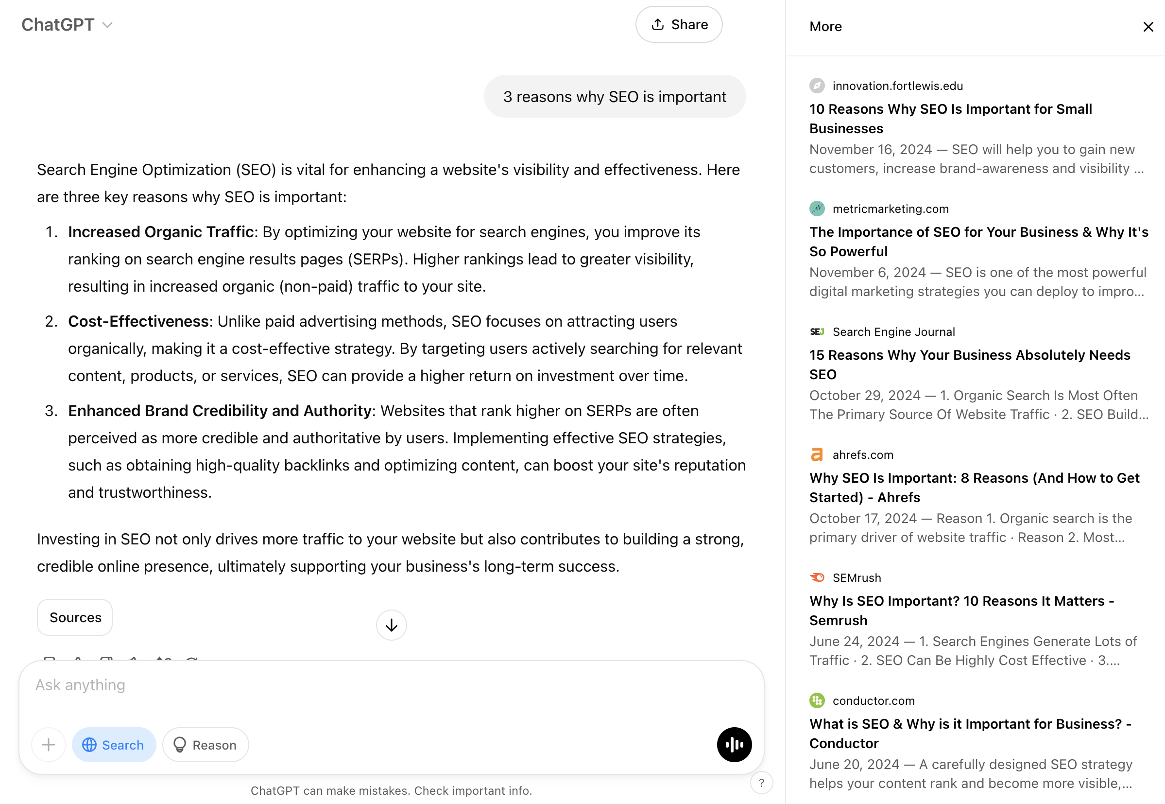 Screenshot of ChatGPT search function.