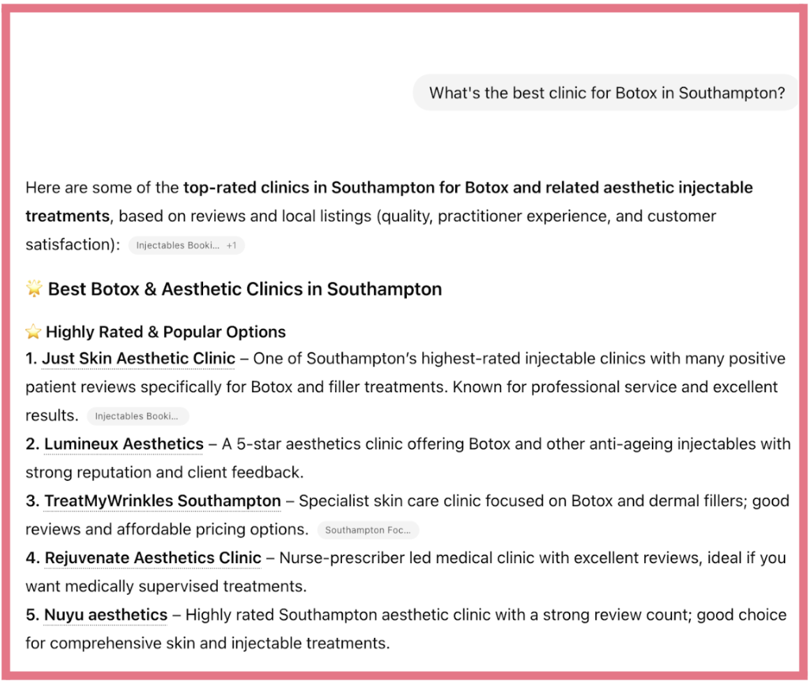 ChatGPT - best botox clinic in Southampton